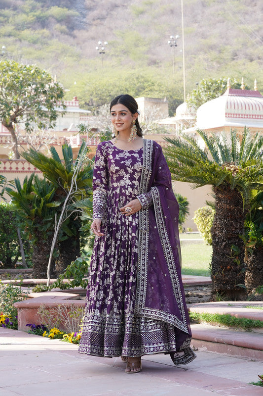 Jyoti Fashion Women's Wine Viscose Jacquard with Sequins Embroidered Anarkali Dress with Dupatta