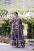 Jyoti Fashion Women's Wine Viscose Jacquard with Sequins Embroidered Anarkali Dress with Dupatta