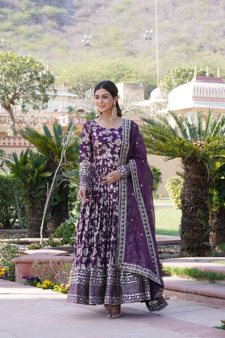 Jyoti Fashion Women's Wine Viscose Jacquard with Sequins Embroidered Anarkali Dress with Dupatta
