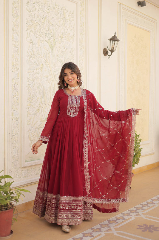 Jyoti Fashion Women's Maroon Silver Faux Blooming Sequins Embroidered Partywear Anarkali Dress with Dupatta