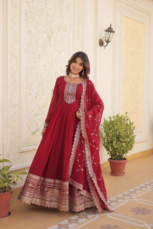 Jyoti Fashion Women's Maroon Silver Faux Blooming Sequins Embroidered Partywear Anarkali Dress with Dupatta