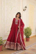 Jyoti Fashion Women's Maroon Silver Faux Blooming Sequins Embroidered Partywear Anarkali Dress with Dupatta