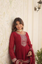 Jyoti Fashion Women's Maroon Silver Faux Blooming Sequins Embroidered Partywear Anarkali Dress with Dupatta