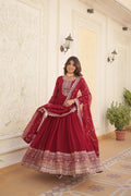 Jyoti Fashion Women's Maroon Silver Faux Blooming Sequins Embroidered Partywear Anarkali Dress with Dupatta
