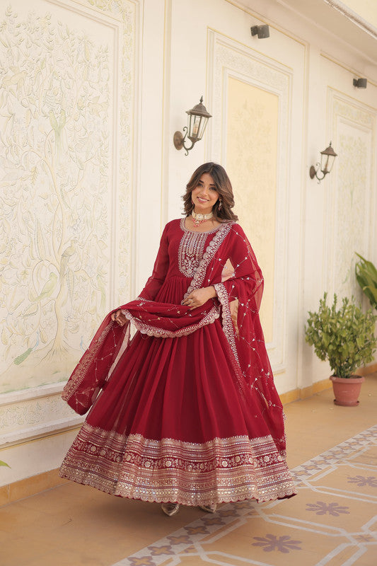 Jyoti Fashion Women's Maroon Silver Faux Blooming Sequins Embroidered Partywear Anarkali Dress with Dupatta