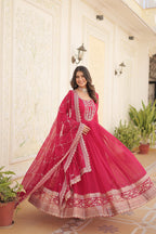 Jyoti Fashion Women's Rani Pink Faux Blooming Sequins Embroidered Partywear Anarkali Dress with Dupatta