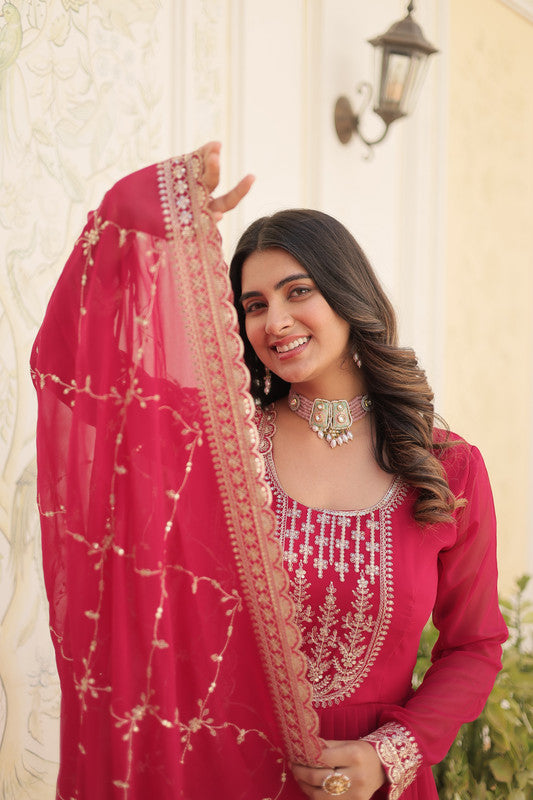Jyoti Fashion Women's Rani Pink Faux Blooming Sequins Embroidered Partywear Anarkali Dress with Dupatta