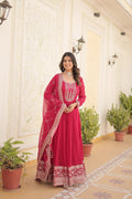 Jyoti Fashion Women's Rani Pink Faux Blooming Sequins Embroidered Partywear Anarkali Dress with Dupatta