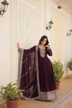 Jyoti Fashion Women's Wine Faux Blooming Silver Sequins Embroidered Partywear Anarkali Dress with Dupatta