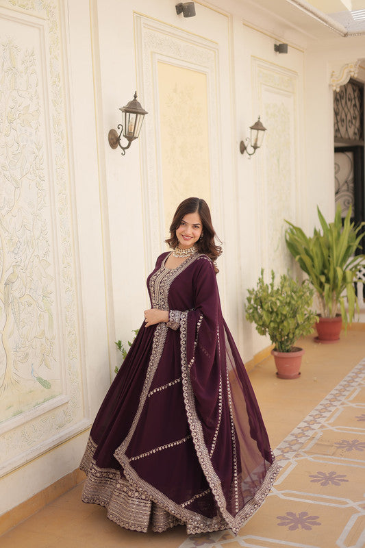 Jyoti Fashion Women's Wine Faux Blooming Silver Sequins Embroidered Partywear Anarkali Dress with Dupatta