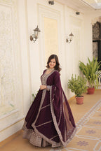Jyoti Fashion Women's Wine Faux Blooming Silver Sequins Embroidered Partywear Anarkali Dress with Dupatta