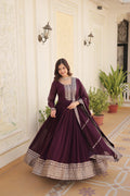 Jyoti Fashion Women's Wine Faux Blooming Silver Sequins Embroidered Partywear Anarkali Dress with Dupatta