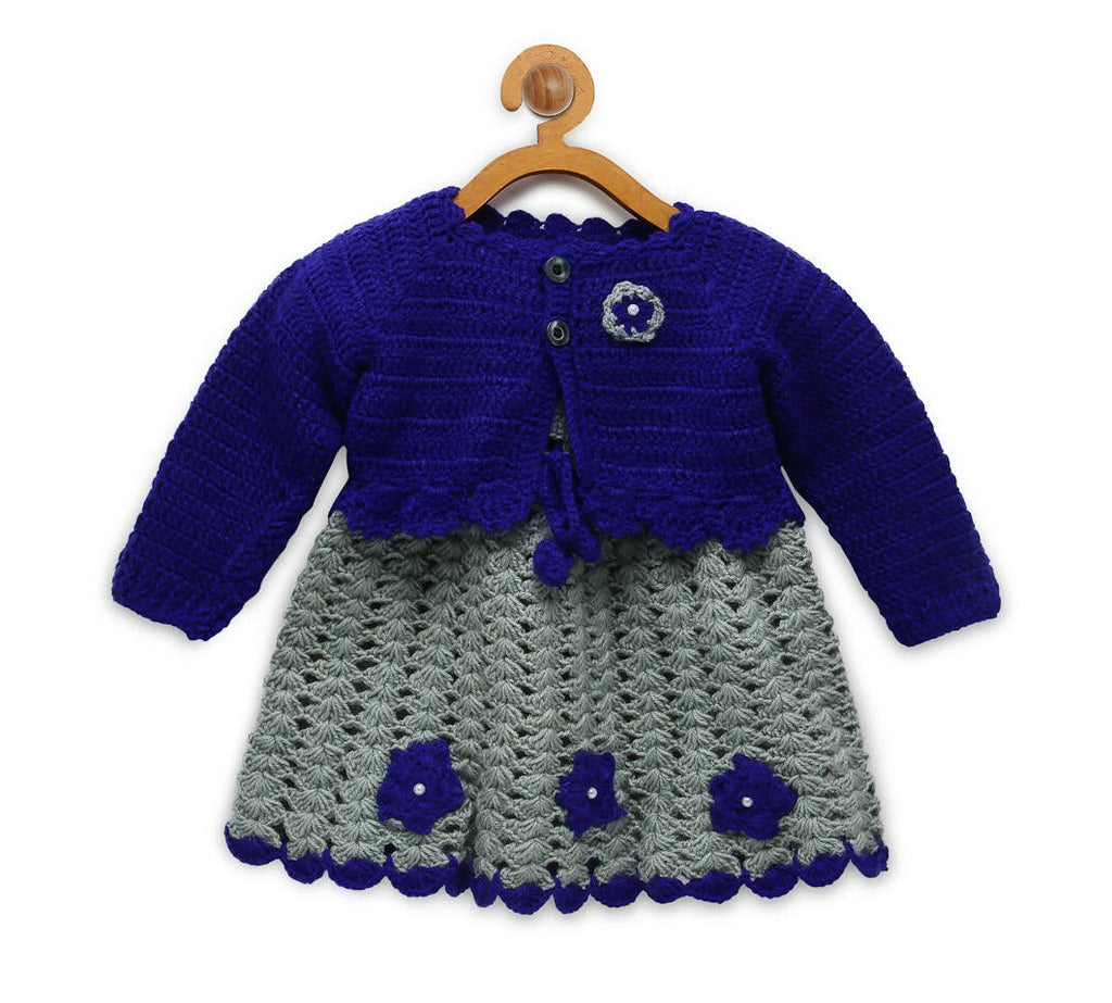 ChutPut Hand knitted Crochet Princess Wool Dress For Baby Girls - Blue