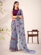 Vastranavya Grey Lurex Brasso Floral Printed Saree with Unstitched Blouse - Distacart