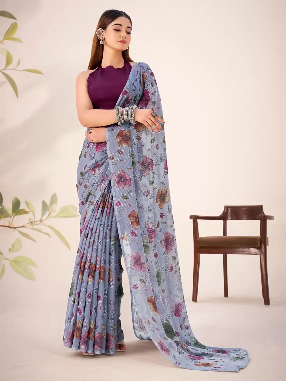 Vastranavya Grey Lurex Brasso Floral Printed Saree with Unstitched Blouse - Distacart