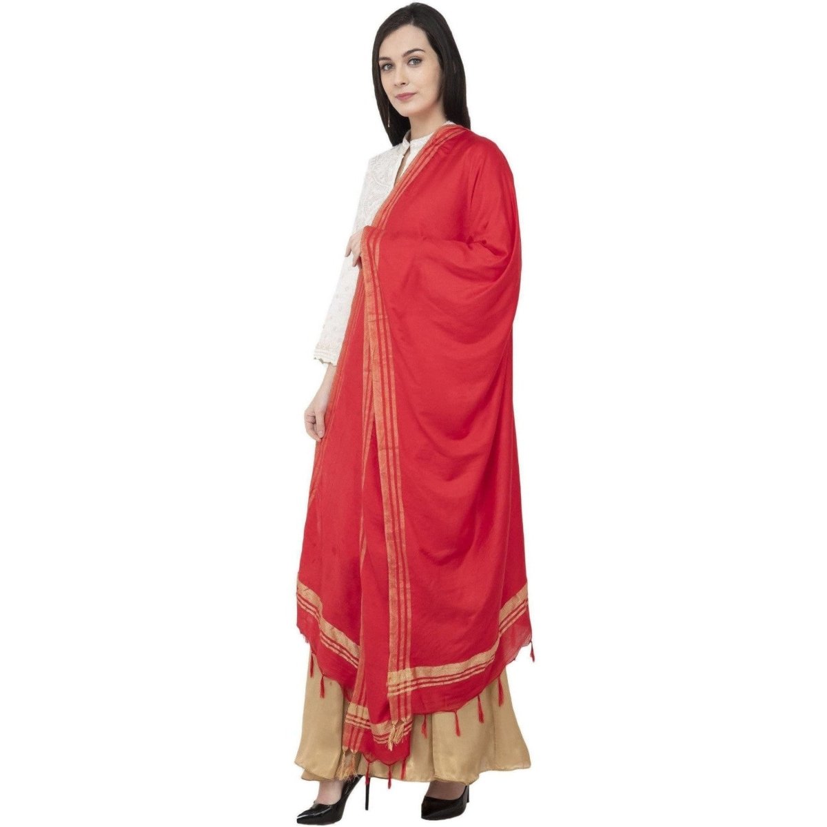 A R SILK Golden Border Regular Dupatta Red Color Dupatta or Chunni