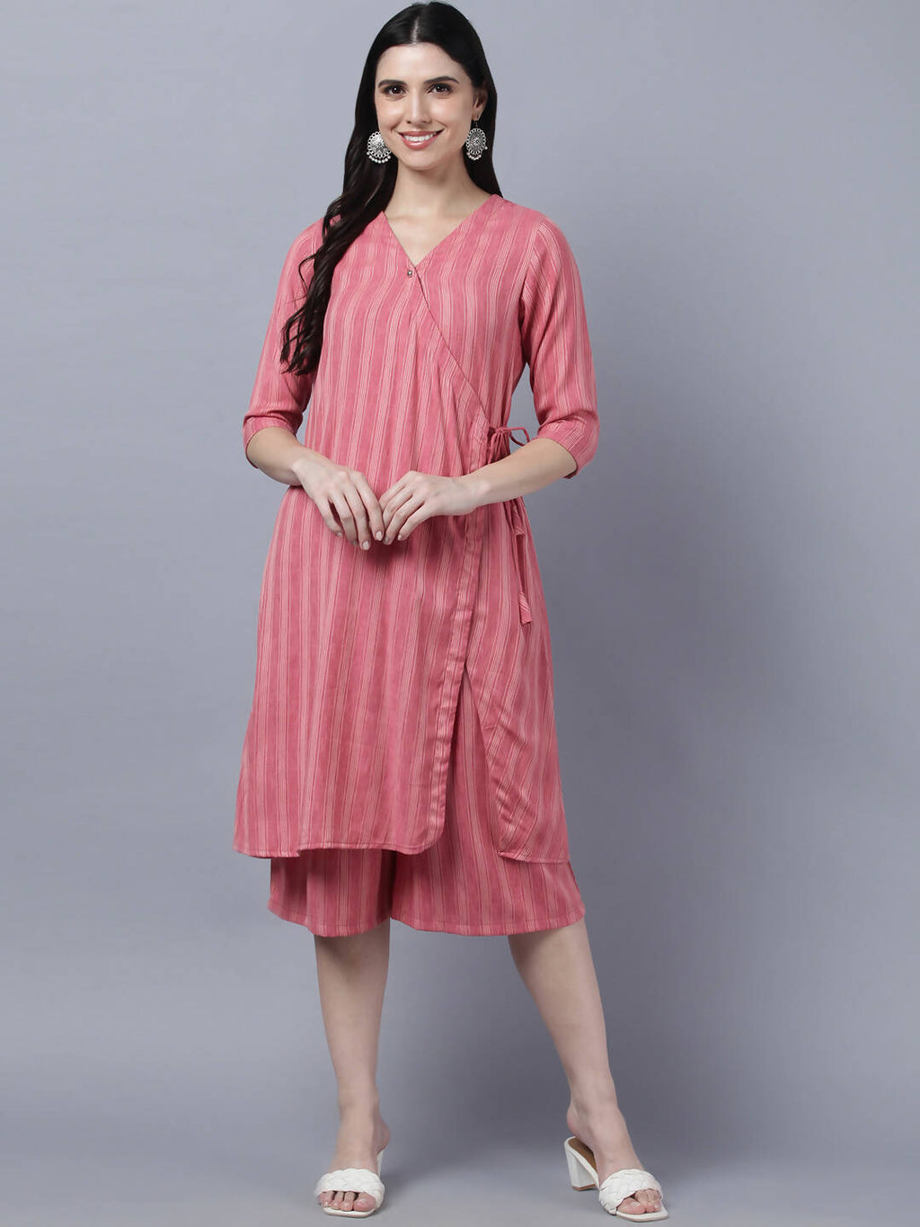 Myshka Stylish Pink Cotton 3/4 Sleeve Women's Kurta Palazzo Set - Distacart