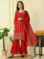 Myshka Women's Red Georgette Kurta & Palazzos With Dupatta Party Sets