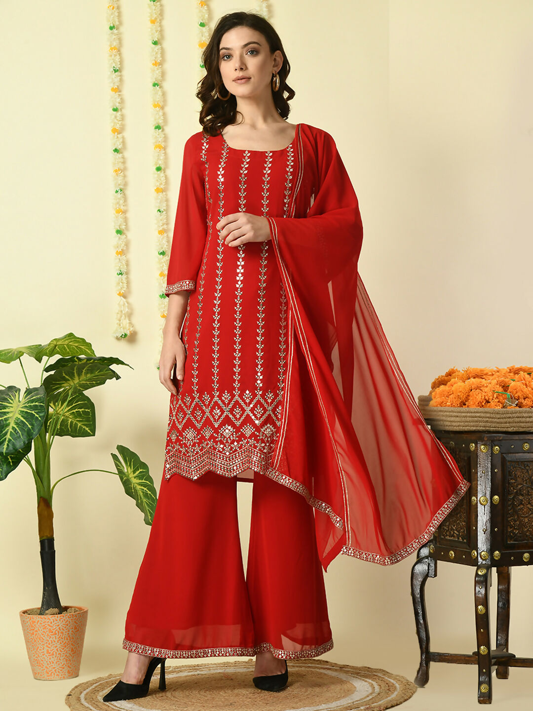 Myshka Women's Red Georgette Kurta & Palazzos With Dupatta Party Sets