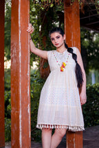 Aayaa Designer Multi Thread Hand Work Khadi Cotton One Piece Dress - Off White