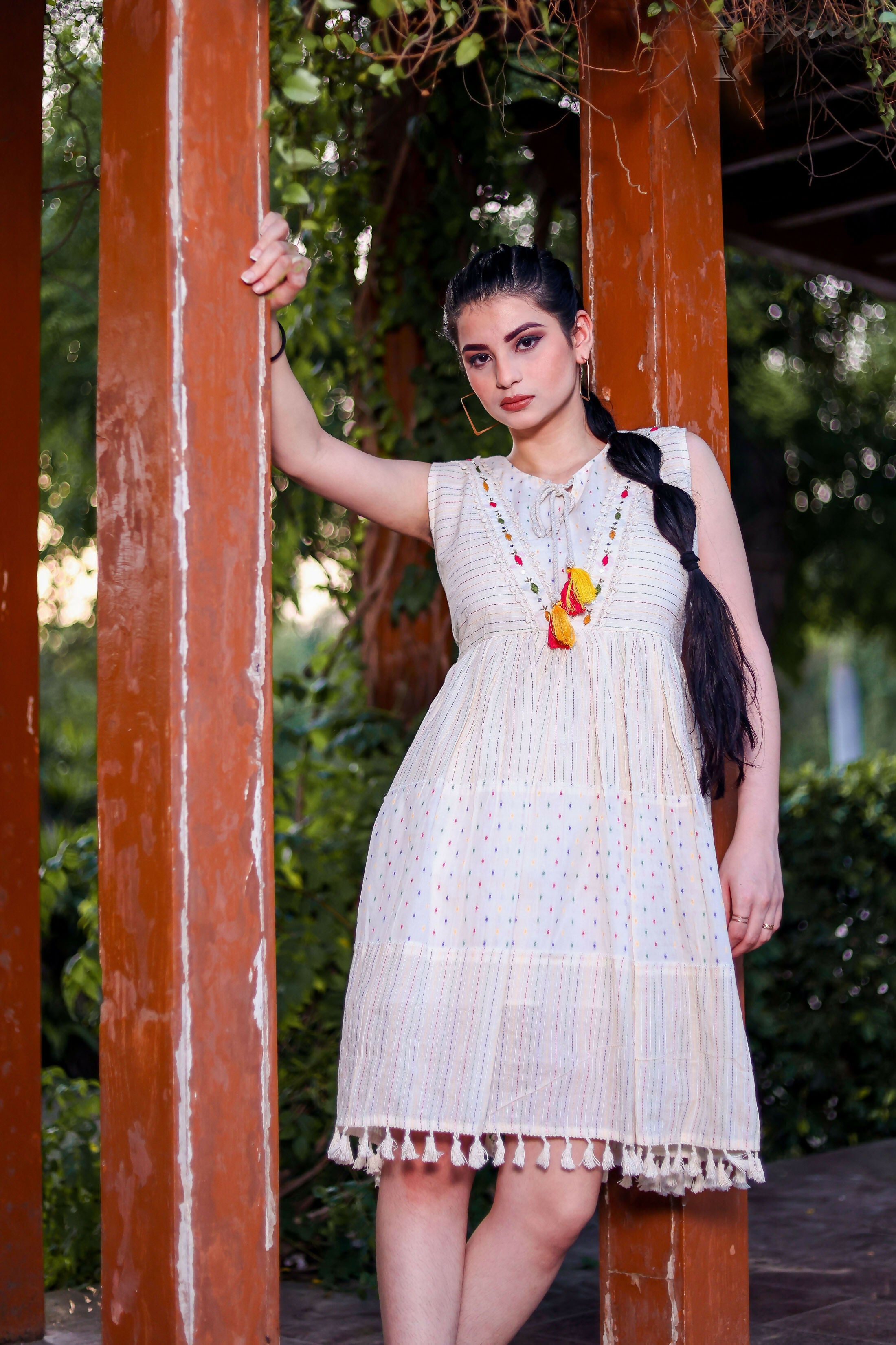 Aayaa Designer Multi Thread Hand Work Khadi Cotton One Piece Dress - Off White
