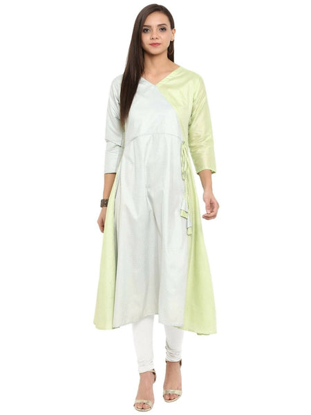 Ahalyaa Women Lime Green & Off-White Printed A-Line Kurta