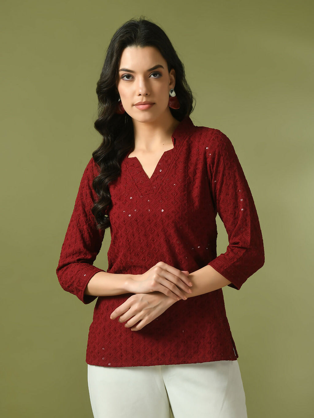 Myshka Women's Maroon Embellished Cotton Regular Party Tunic