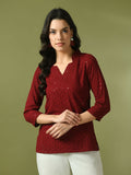 Myshka Women's Maroon Embellished Cotton Regular Party Tunic