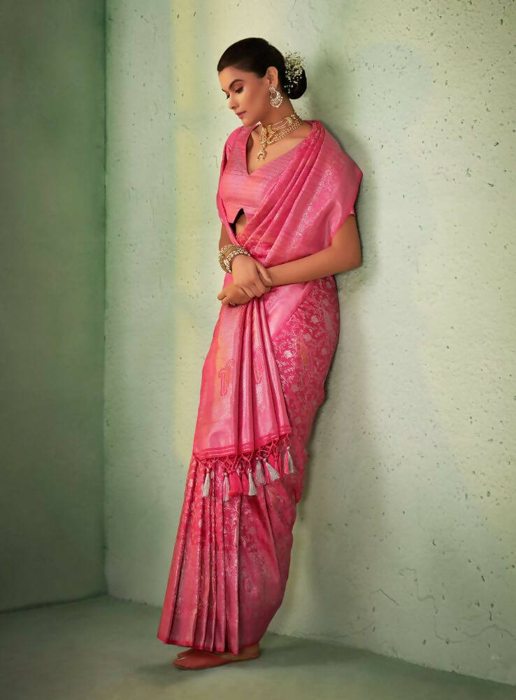 Glorious Designer Pink Color Kanjivaram Silk Saree With Weaving Work - Yomika Fashions