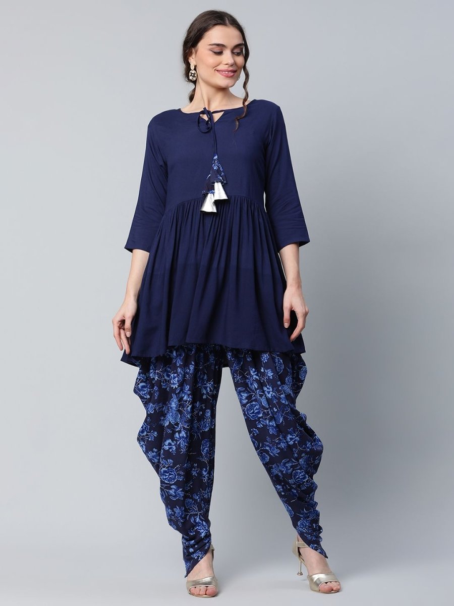 Ahalyaa Women Navy Blue Rayon Floral Empire Kurti with Dhoti Pants - Distacart