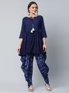 Ahalyaa Women Navy Blue Rayon Floral Empire Kurti with Dhoti Pants - Distacart