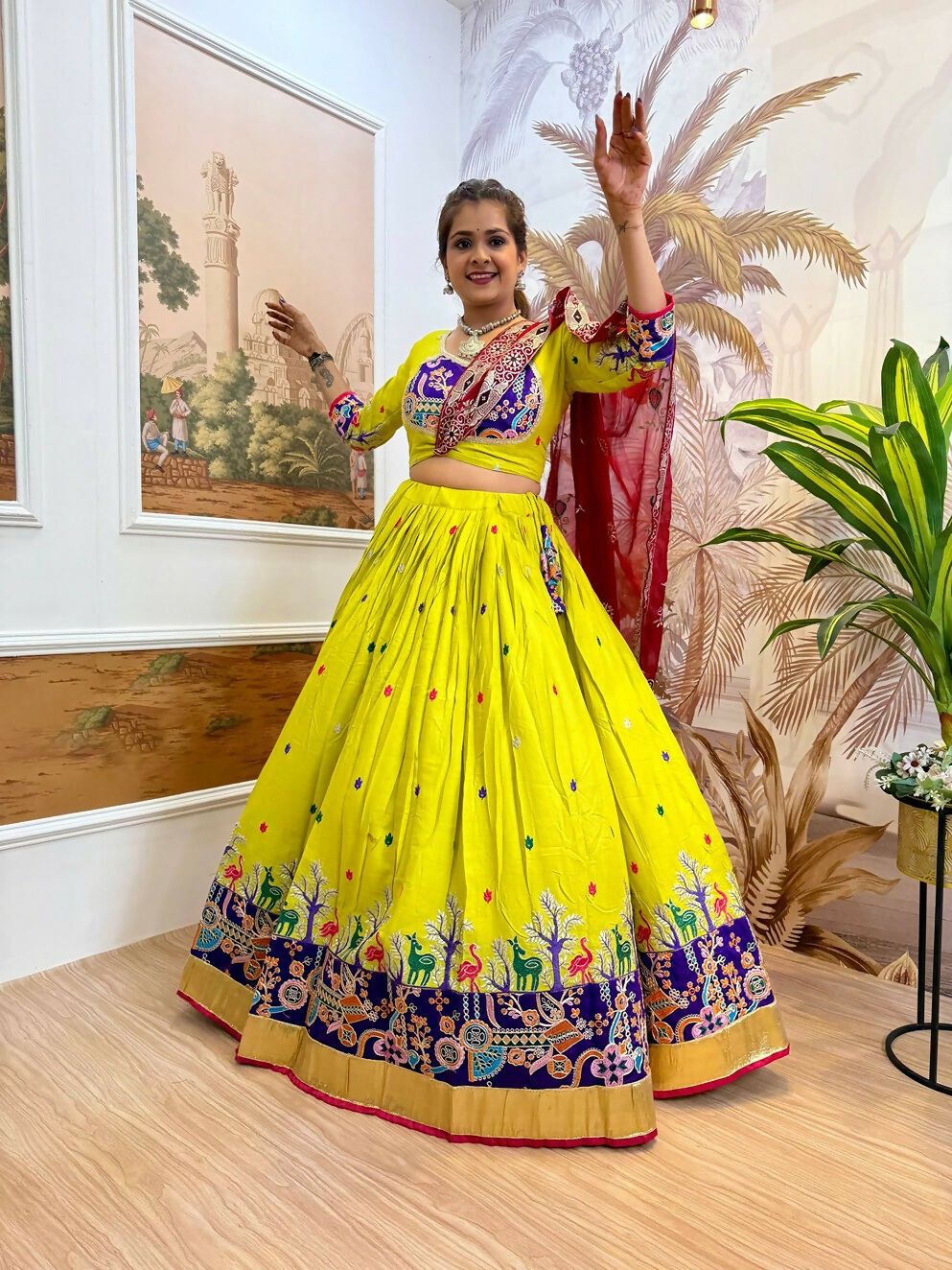Teeya Creation Parrot Colour Rayon Silk Embroidery Work Fully Stitched Navratri Lehenga