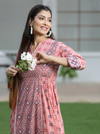 Juniper Peach Geometric Printed Pure Cotton Maxi Dress With Lace Work - Distacart