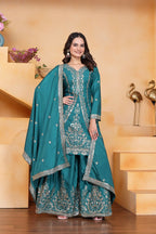 Teeya Creation Teal Color Natural Crepe Silk Wedding Wear Trending Palazzo Set - Distacart