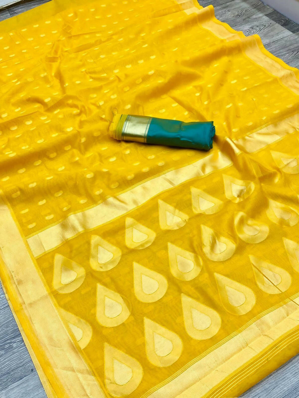 DEIANA'S Beautiful Designer Golden zari Soft Lichi Silk Saree - Yellow