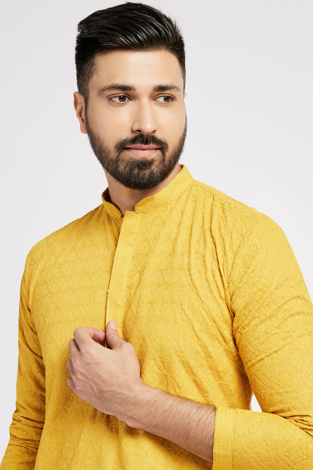 Ethnic India Yellow Men's Kurta Ethnic Motifs Cotton