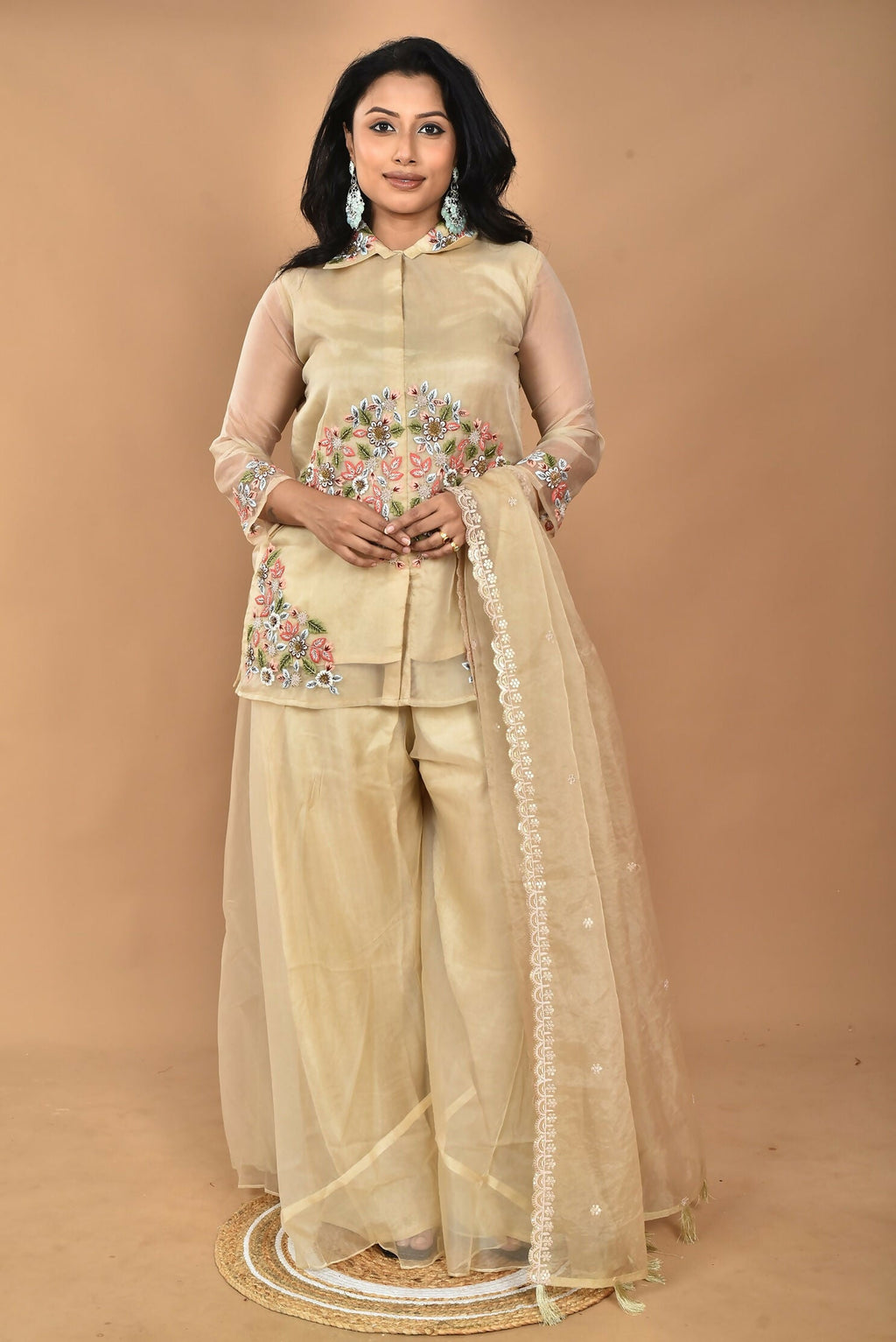Morchari Women And Hand Embroidery Palazzo Set-Beige