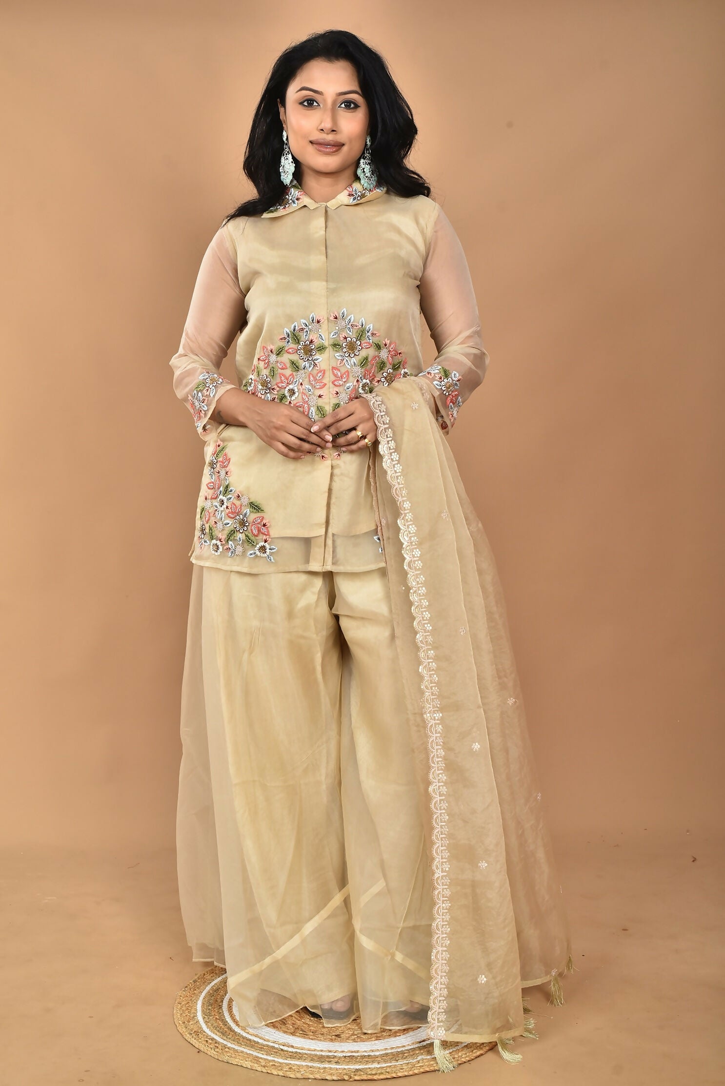 Morchari Women And Hand Embroidery Palazzo Set-Beige