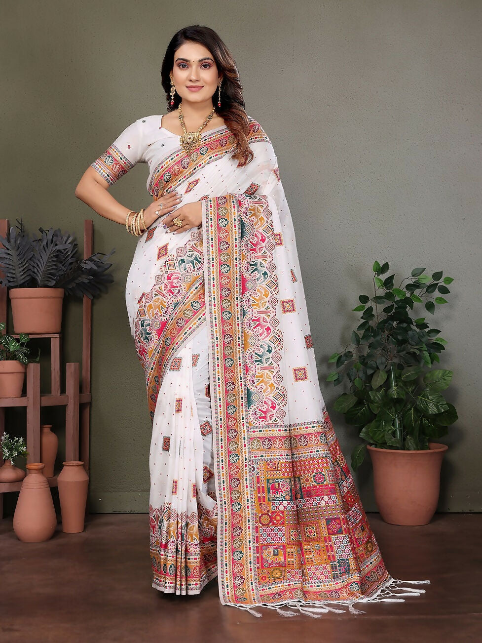 Joban Fashion White Thread Woven Pashmina Sarees