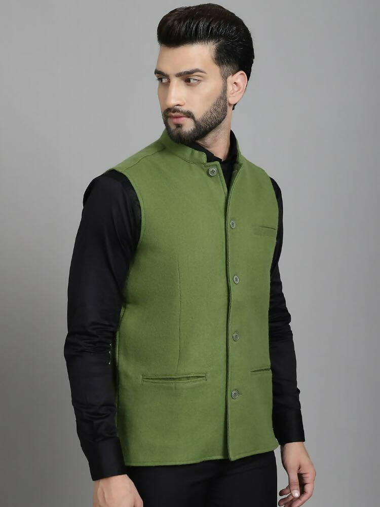 Even Apparels Nehru Jacket With Welt Pockets - Olive