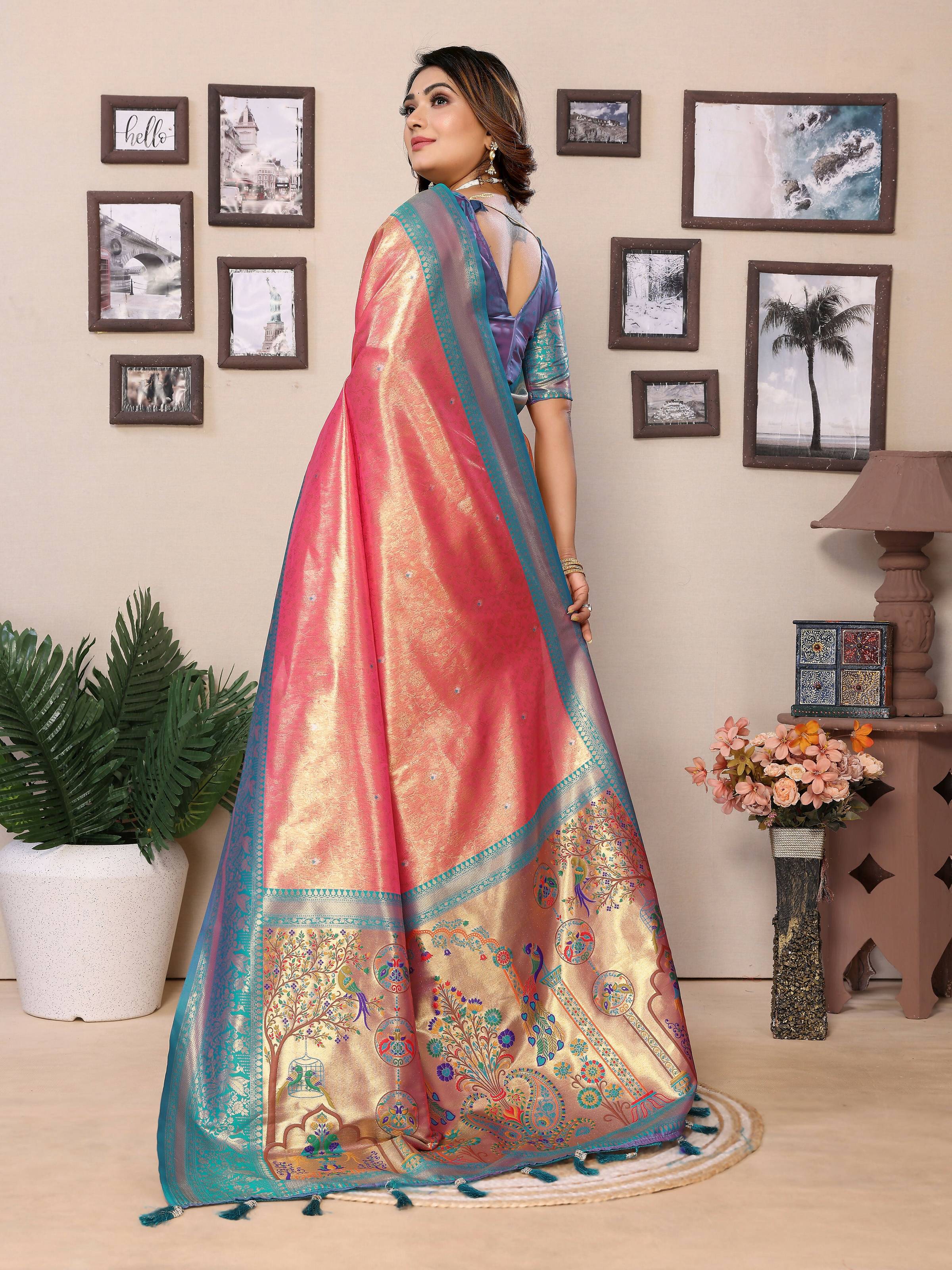 Aastha Fashion Pink Tissue Silk Weaving Saree - Distacart