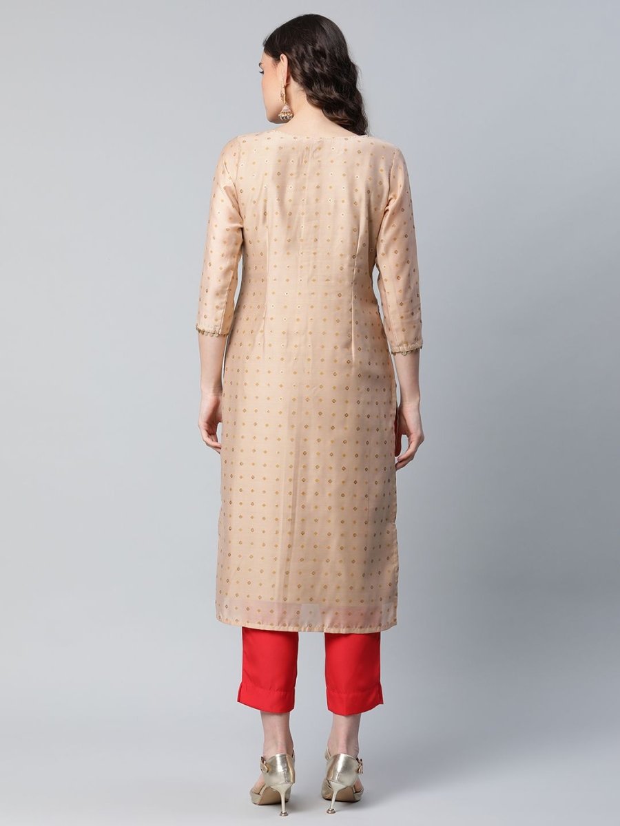 Ahalyaa Women Beige Colour Chanderi Printed Kurta Pant Set - Distacart