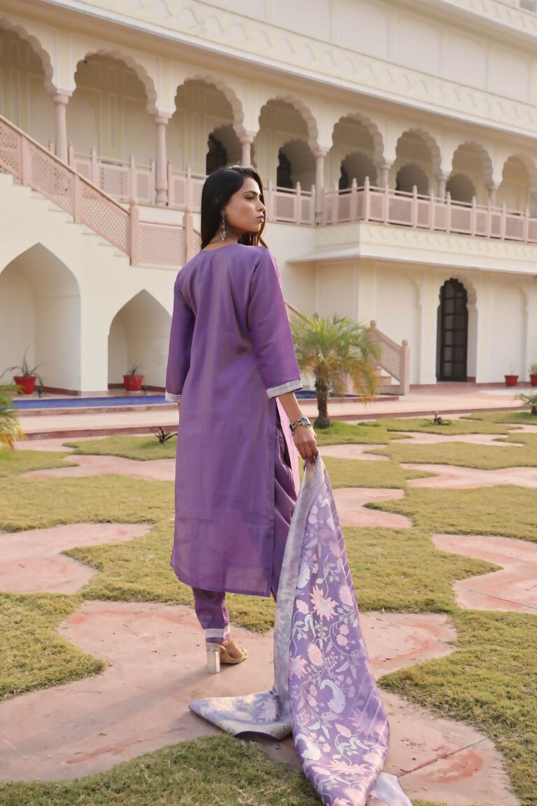 Jyoti Fashion Women's Purple Simmer Silk Floral Print with Embroidered Kurta Set