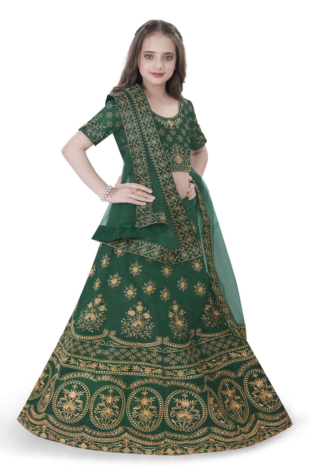 Dwiden Green Lehriyu Tafetta Sattin Semi-Stitched Girl's Lehenga Choli