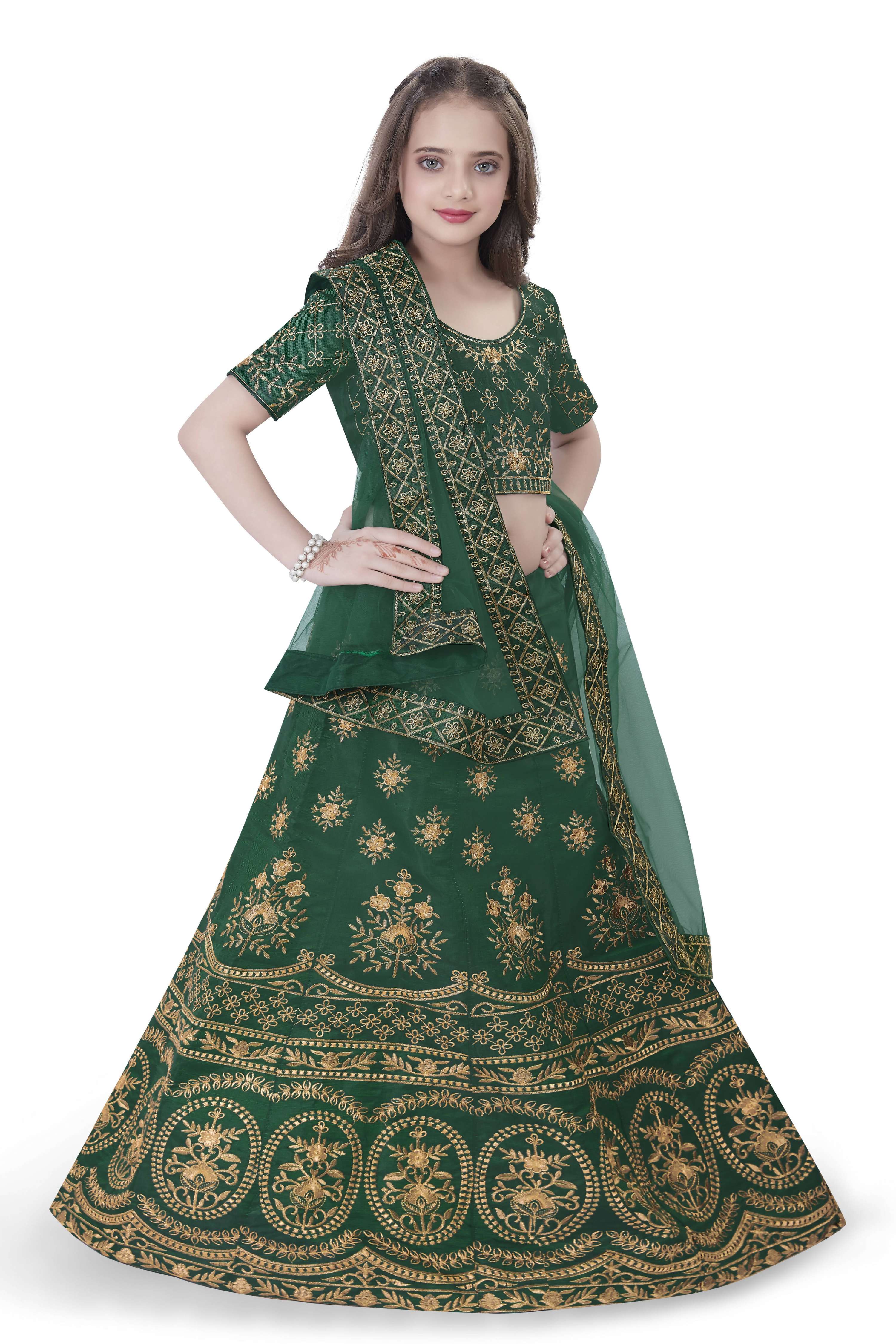 Dwiden Green Lehriyu Tafetta Sattin Semi-Stitched Girl's Lehenga Choli