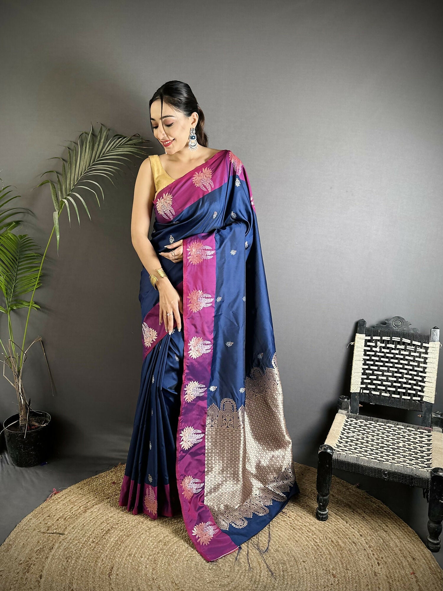 Joban Fashion Royal Blue Small Butti Soft Silk Banarasi Saree - Distacart