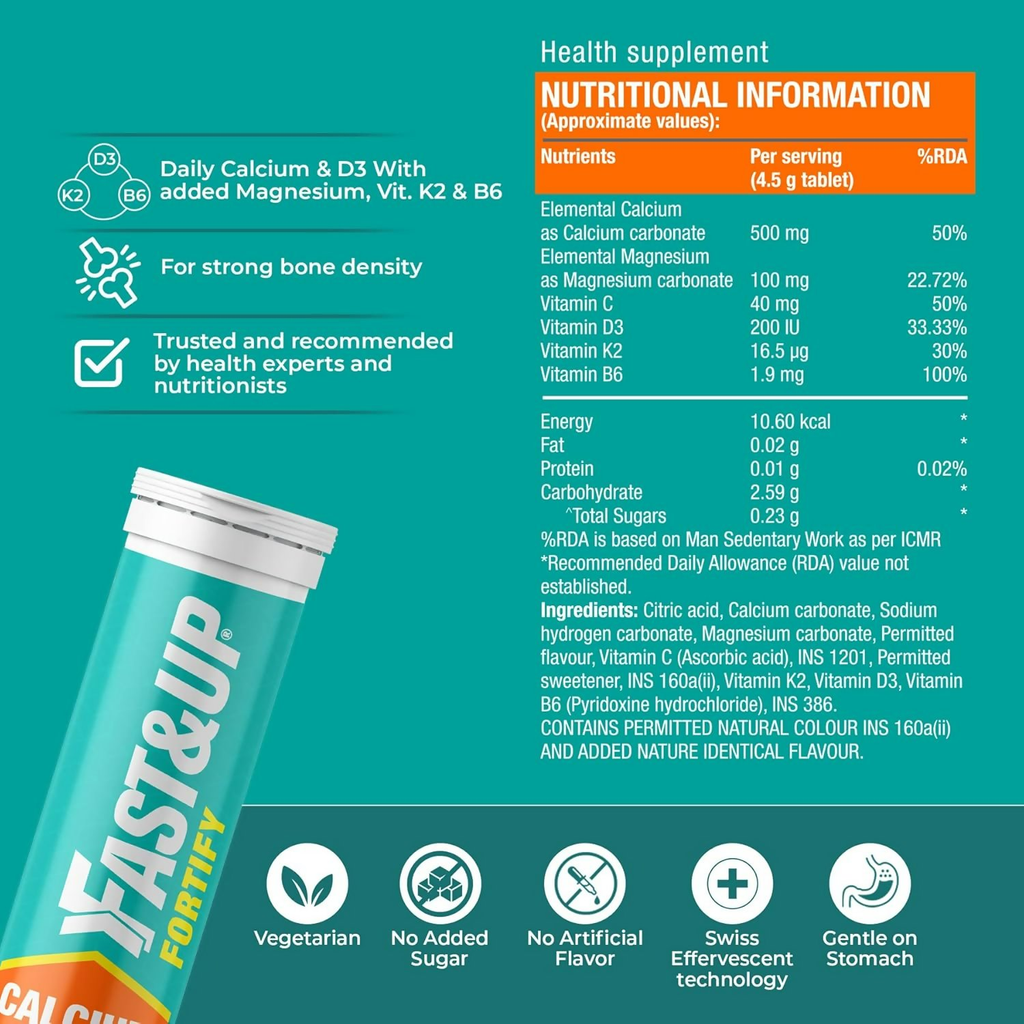 Fast&Up Fortify - Calcium with Essential Vitamin D3 Tablets - Orange Flavour - Distacart