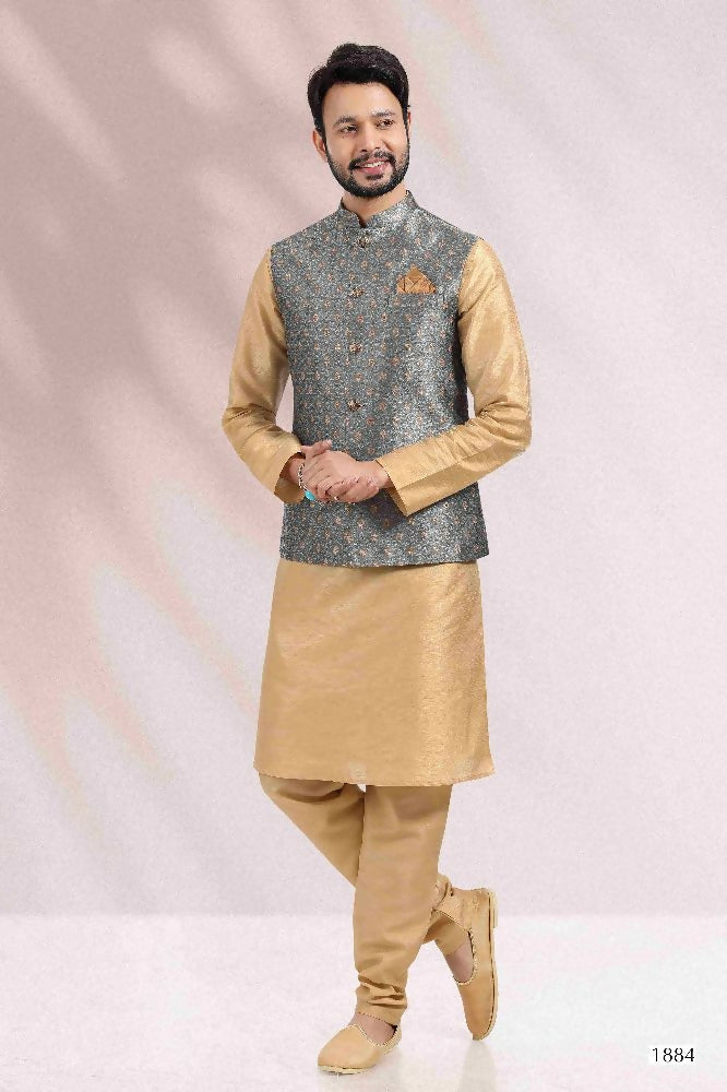 Raivat Ethnic Jacquard Banarasi Silk Woven Work 3 Pics Jacket Set In Grey Colour - Distacart