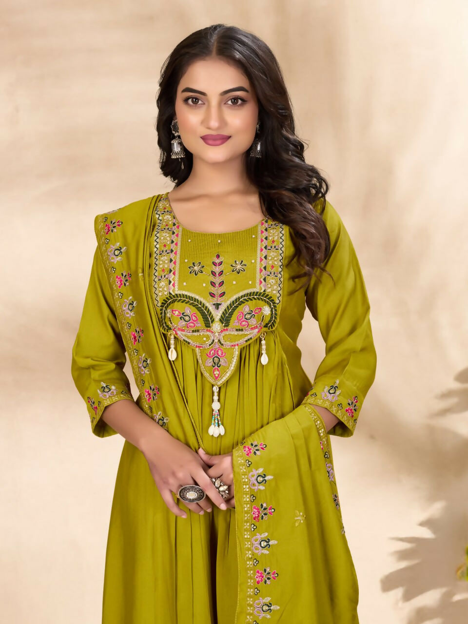 Lehenga Mart Designer Anarkali Suit With Kurta, Pant, Dupatta For Women-Lime Green - Distacart