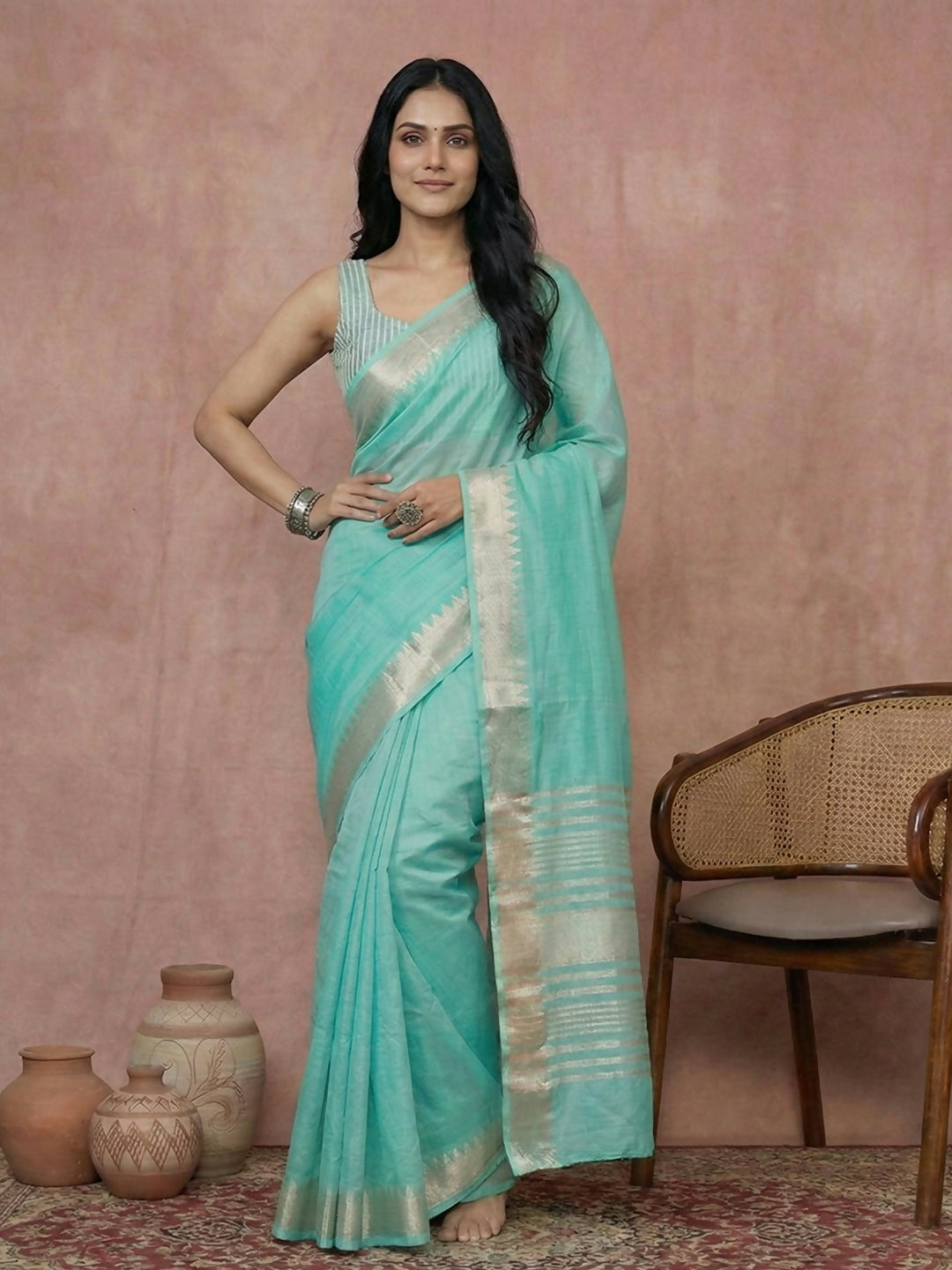 Shree Shyam Fashion Turquoise Cotton Saree - Distacart